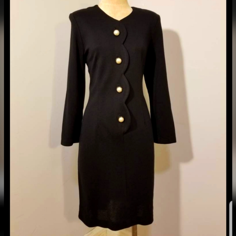 VINTAGE BLACK BEDFORD FAIR DRESS 80S SCALLOPED BEETLEJUICE PEARL GOTH RETRO 90S